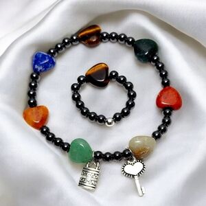 Handmade Dainty Hematite Beaded Bracelet Heart Gemstones Lock & Key Charm